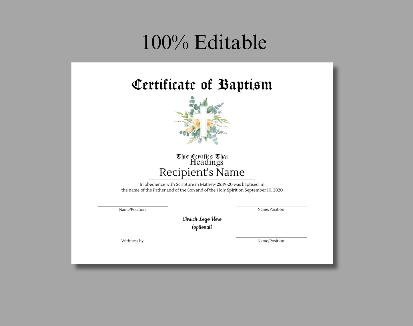 Customizable Baptism Certificate Template - Digital Doc Inc