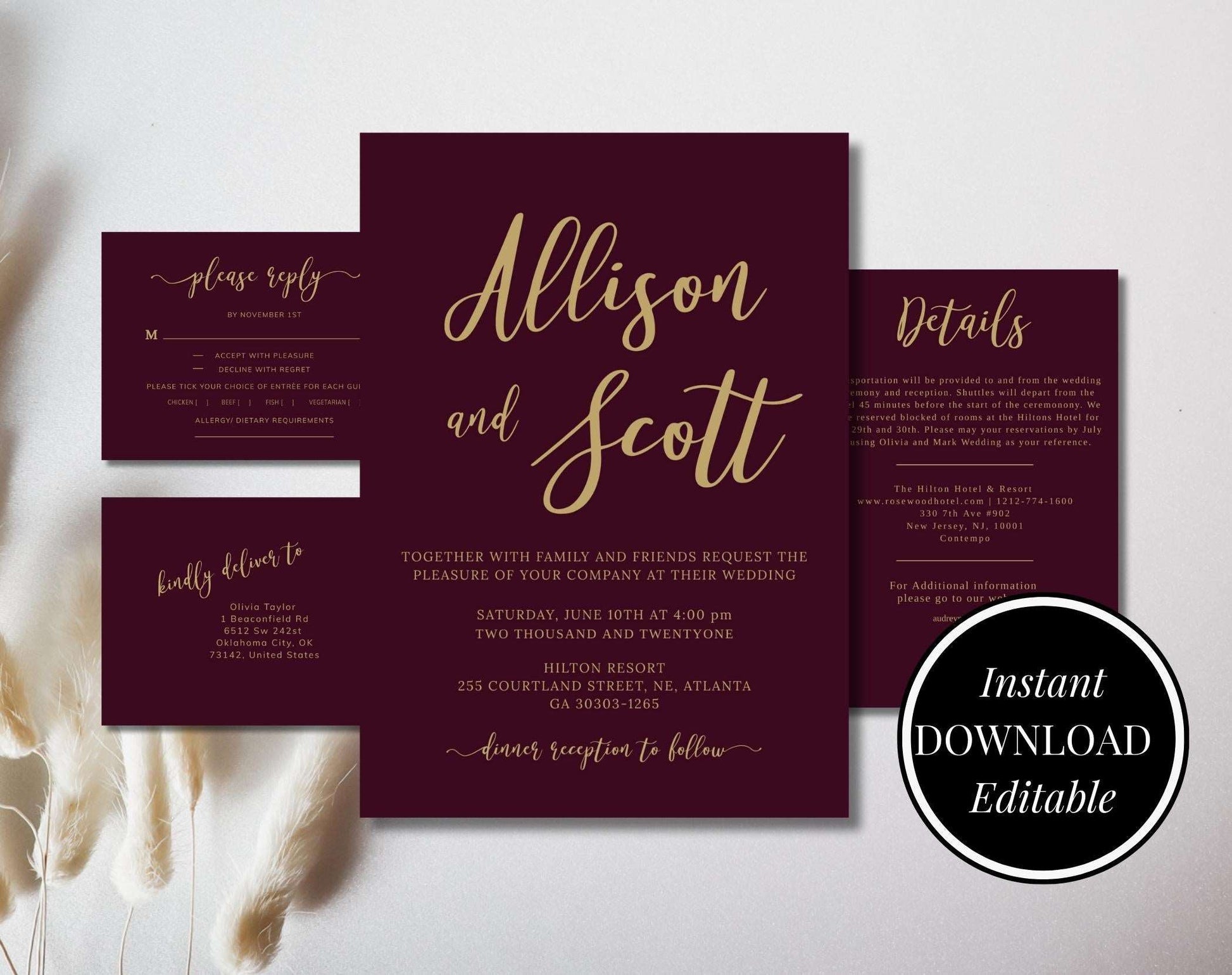 Burgundy Gold Wedding Invitation - Digital Doc Inc