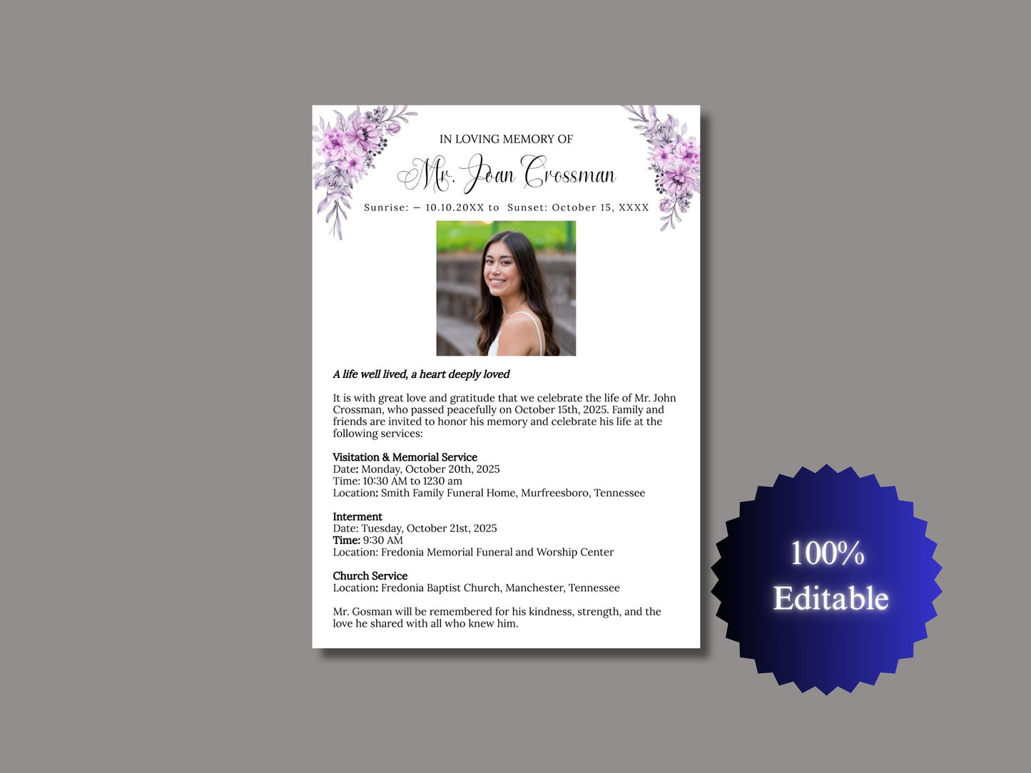 Purple / Lavender Funeral Celebration of Life Program