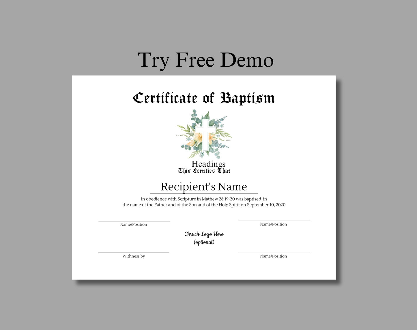 Customizable Baptism Certificate Template - Digital Doc Inc