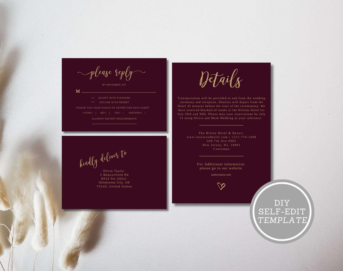 Burgundy Gold Wedding Invitation - Digital Doc Inc