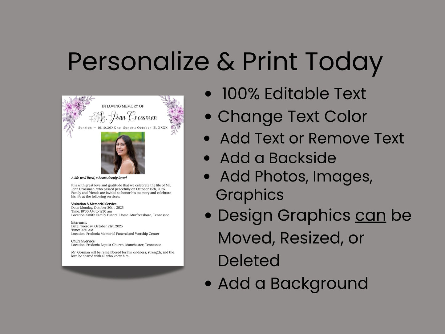 Purple / Lavender Funeral Celebration of Life Program