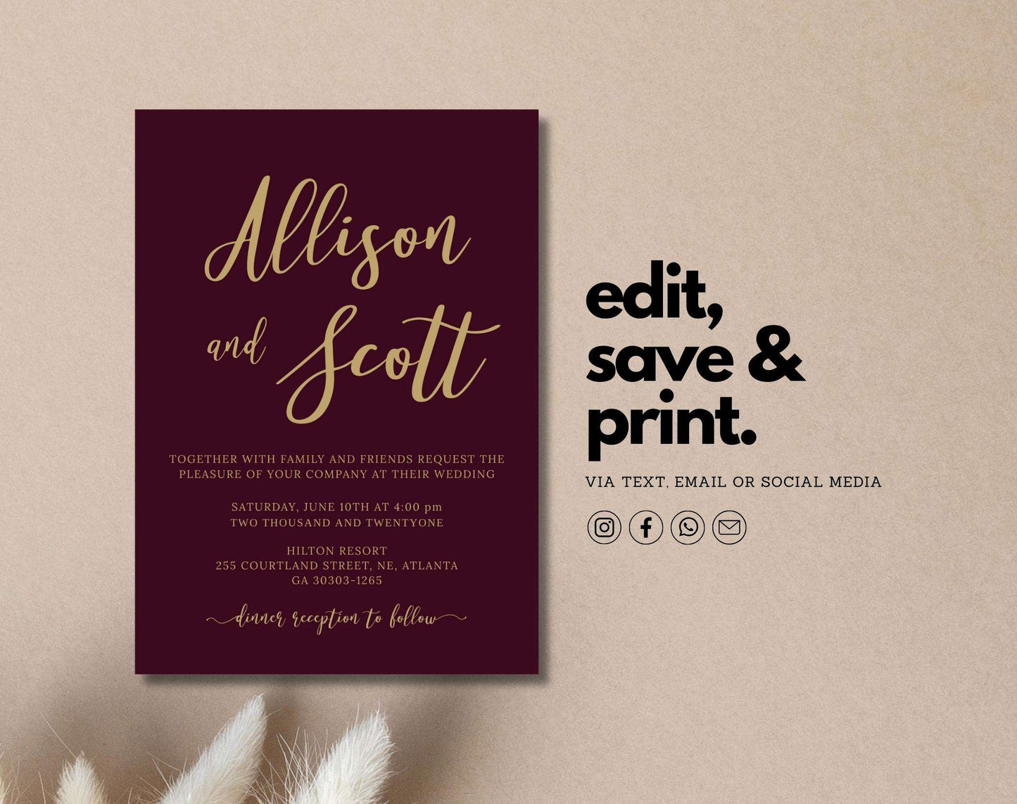 Burgundy Gold Wedding Invitation - Digital Doc Inc
