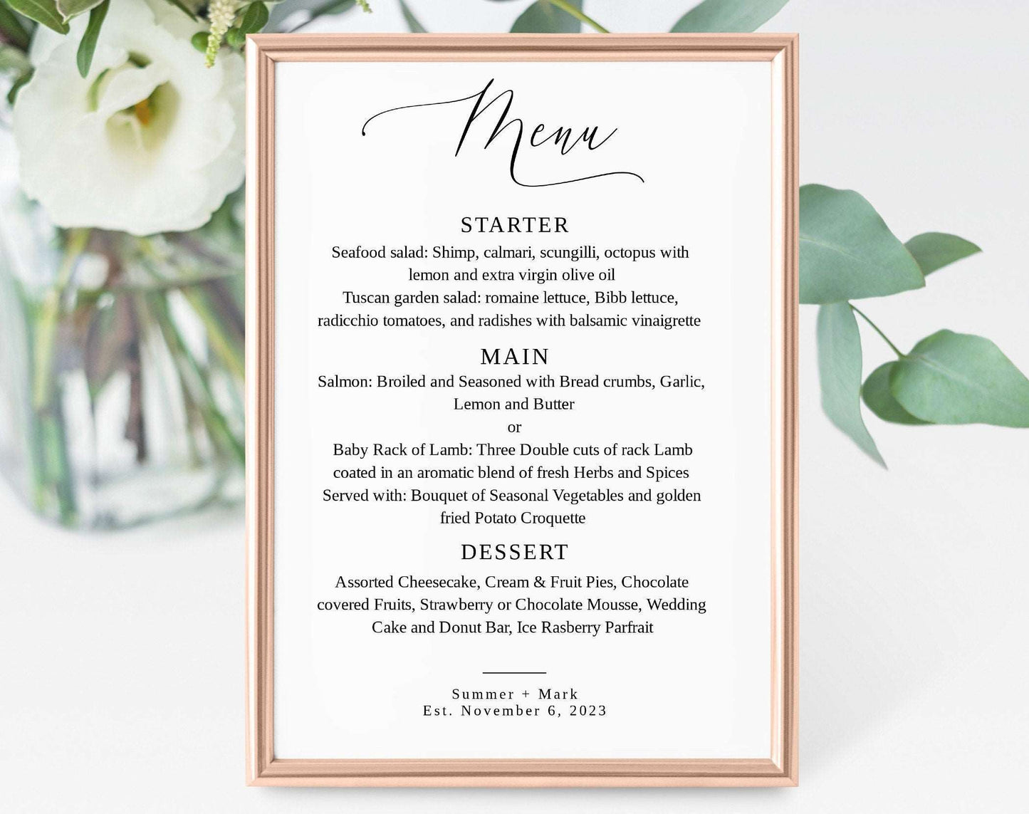 Wedding Menu Template Digital Download - Digital Doc Inc