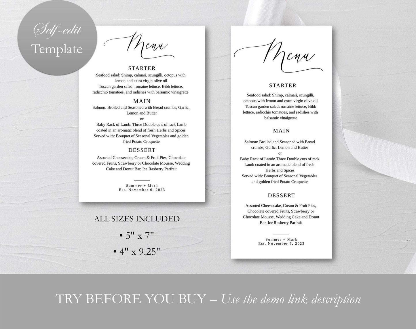 Wedding Menu Template Digital Download - Digital Doc Inc