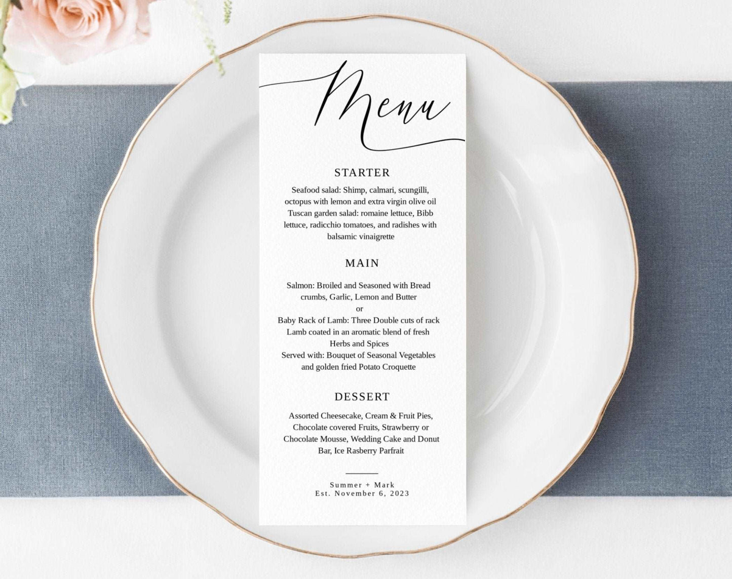 Wedding Menu Template Digital Download - Digital Doc Inc