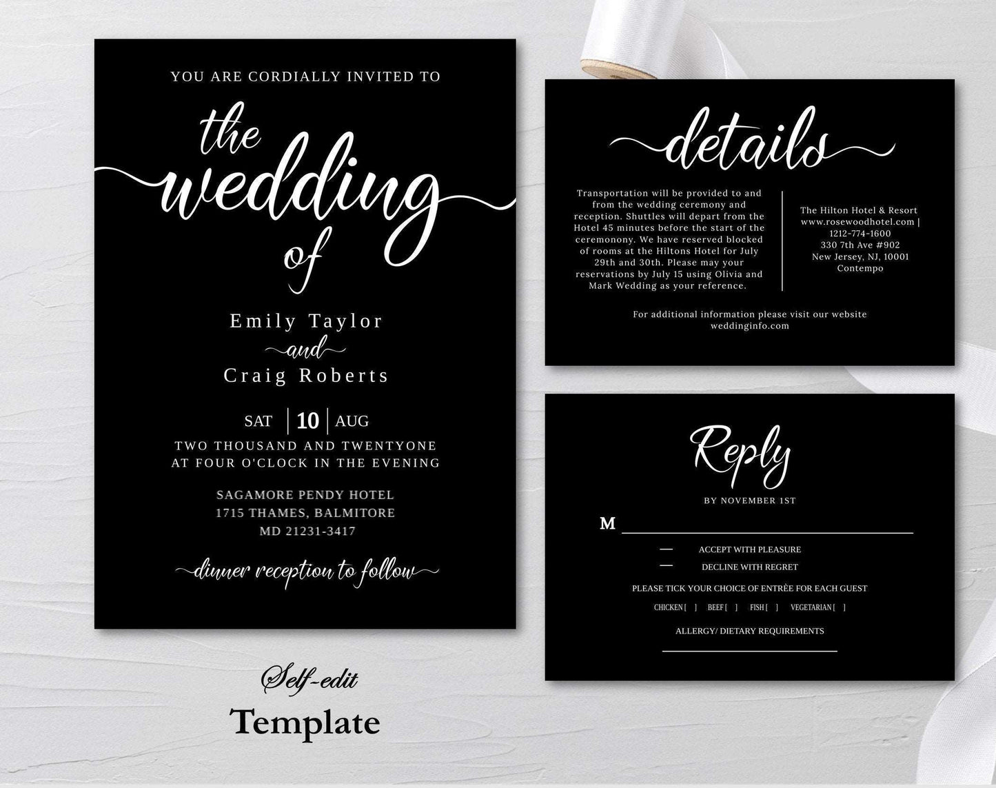 Modern Black Wedding Invitation Stationery - Digital Doc Inc