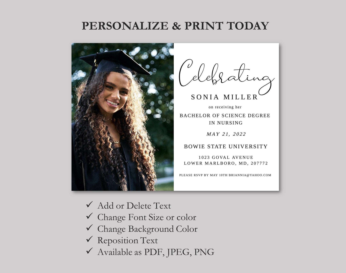 Graduation Card Template, Photo Graduation Invitation, Instant Download, Graduation Dinner Party, RN, BSN, NP, Lpn College, Senior, Editable