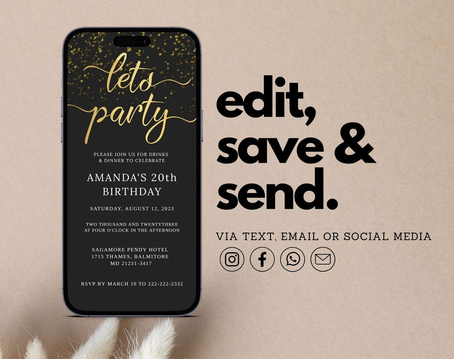 Black Gold Glitter WhatsApp Invitation Template - Digital Doc Inc
