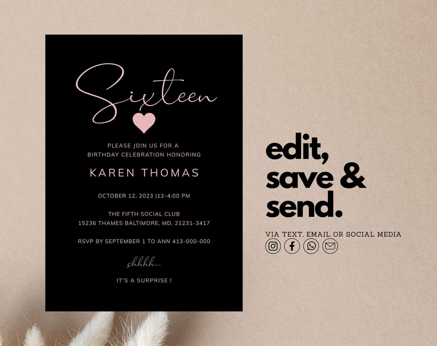 Editable 16th Sweet Sixteen Birthday Invitation - Digital Doc Inc
