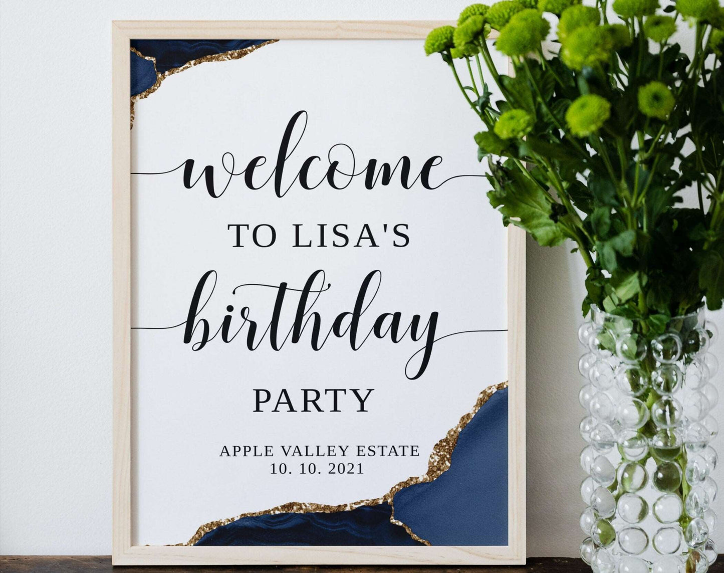 Birthday Party Welcome Sign Blue and Gold - Digital Doc Inc