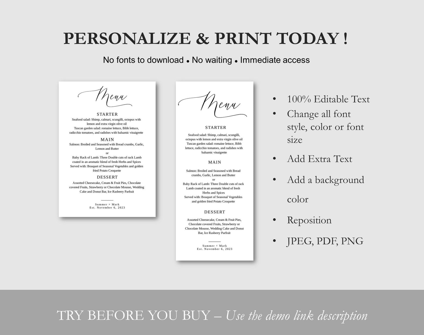 Wedding Menu Template Digital Download - Digital Doc Inc
