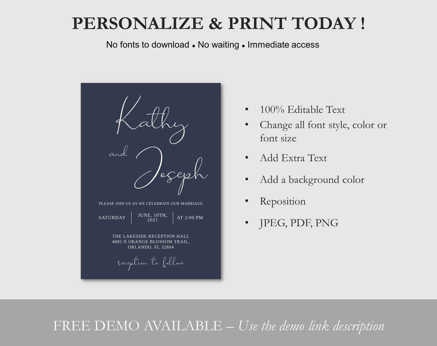 Stylish Navy Wedding Invitation Template - Digital Doc Inc