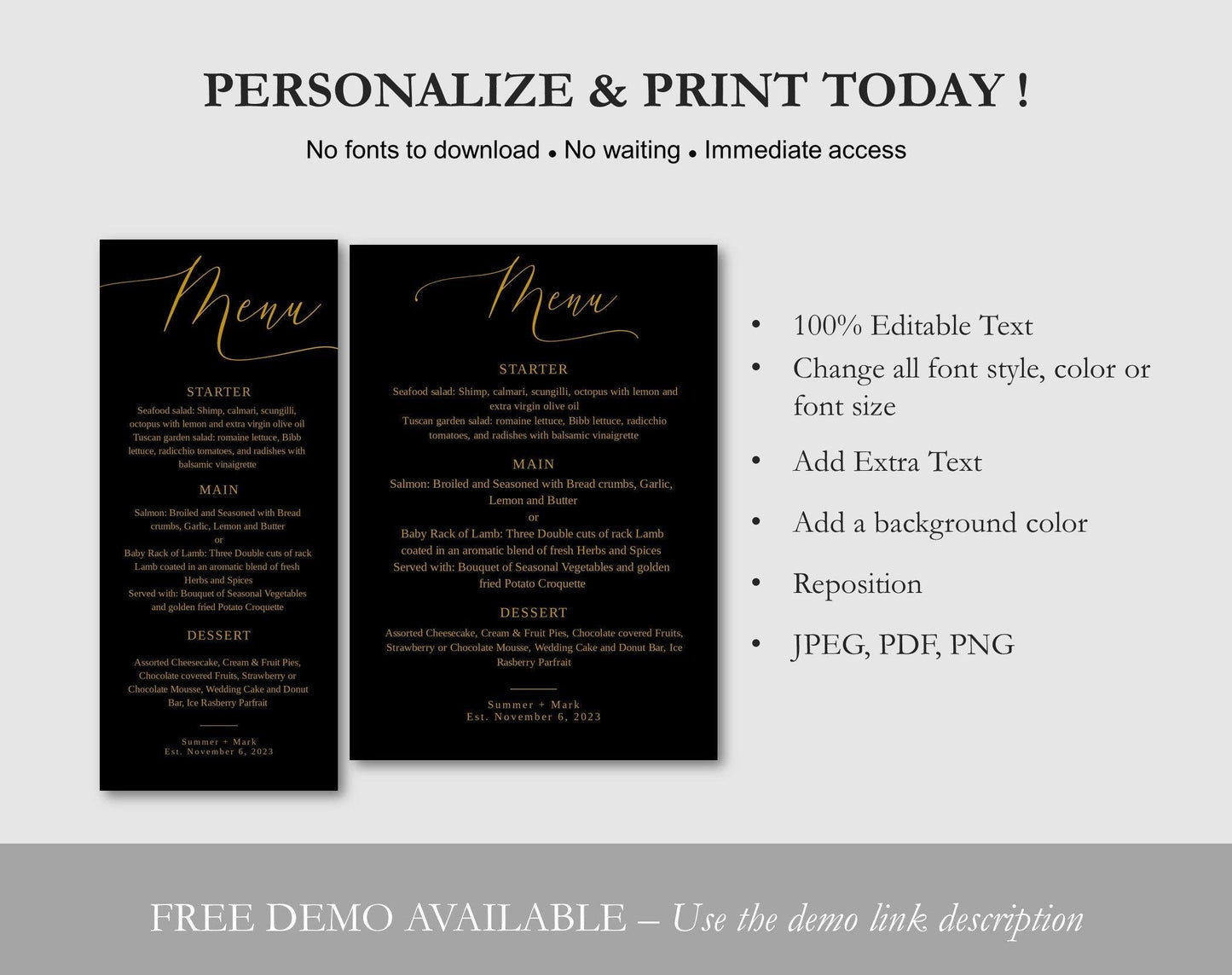 Black and Gold Wedding Menu - Digital Doc Inc