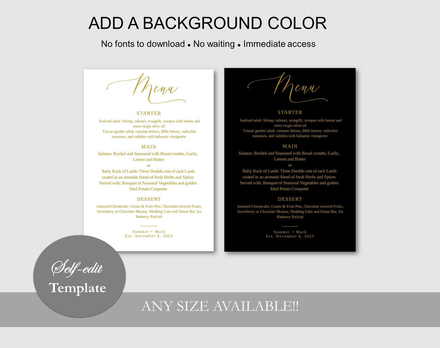 Black and Gold Wedding Menu - Digital Doc Inc