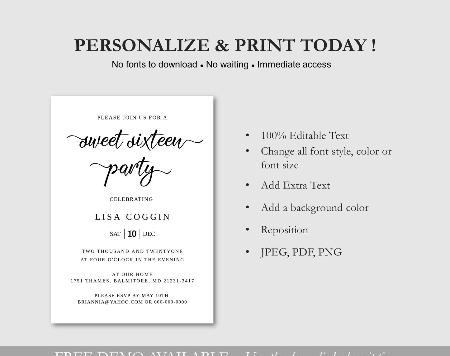 Sweet 16 Birthday Invitation Template - Digital Doc Inc