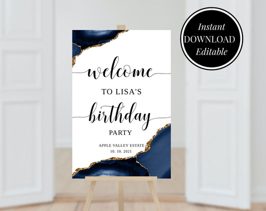 Birthday Party Welcome Sign Blue and Gold - Digital Doc Inc