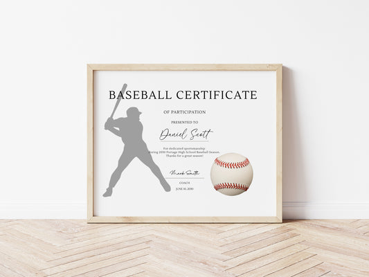 Baseball Participation Personalized Certificates