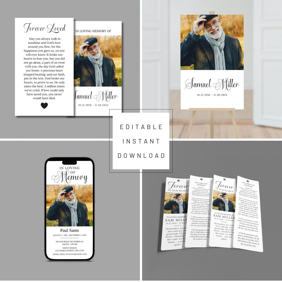 Funeral Program, Prayer Card, Easel Display, Memorial Bookmark & Phone Invitation Announcement Bundle