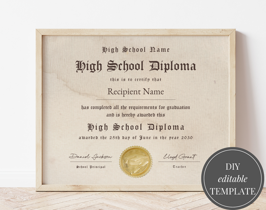 DIY editable TEMPLATE High School Diploma Template Ediatble printable