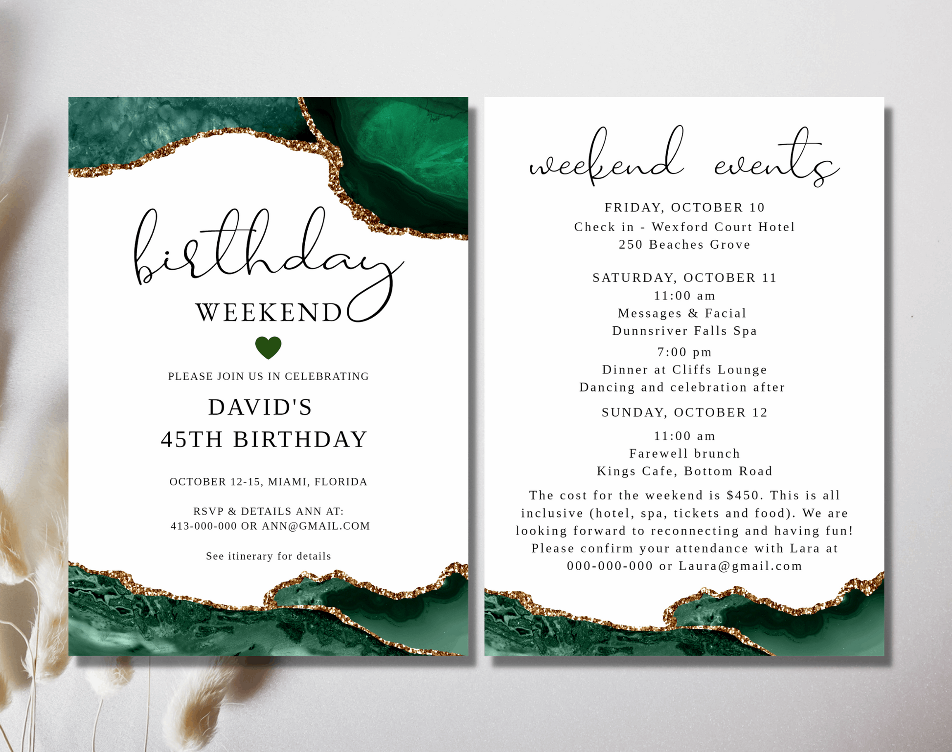 Birthday Weekend Itinerary Gold and Emerald Green - Digital Doc Inc