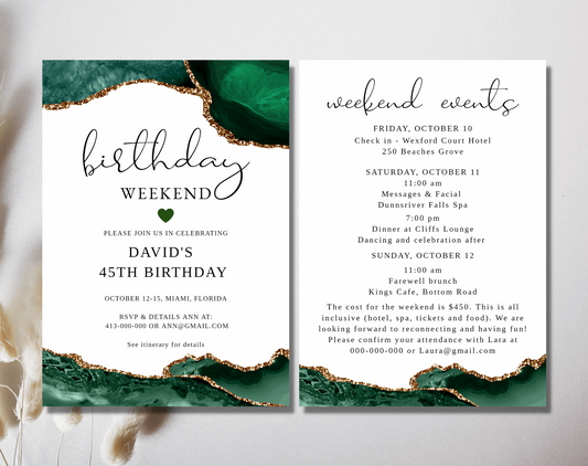 Birthday Weekend Itinerary Gold and Emerald Green - Digital Doc Inc