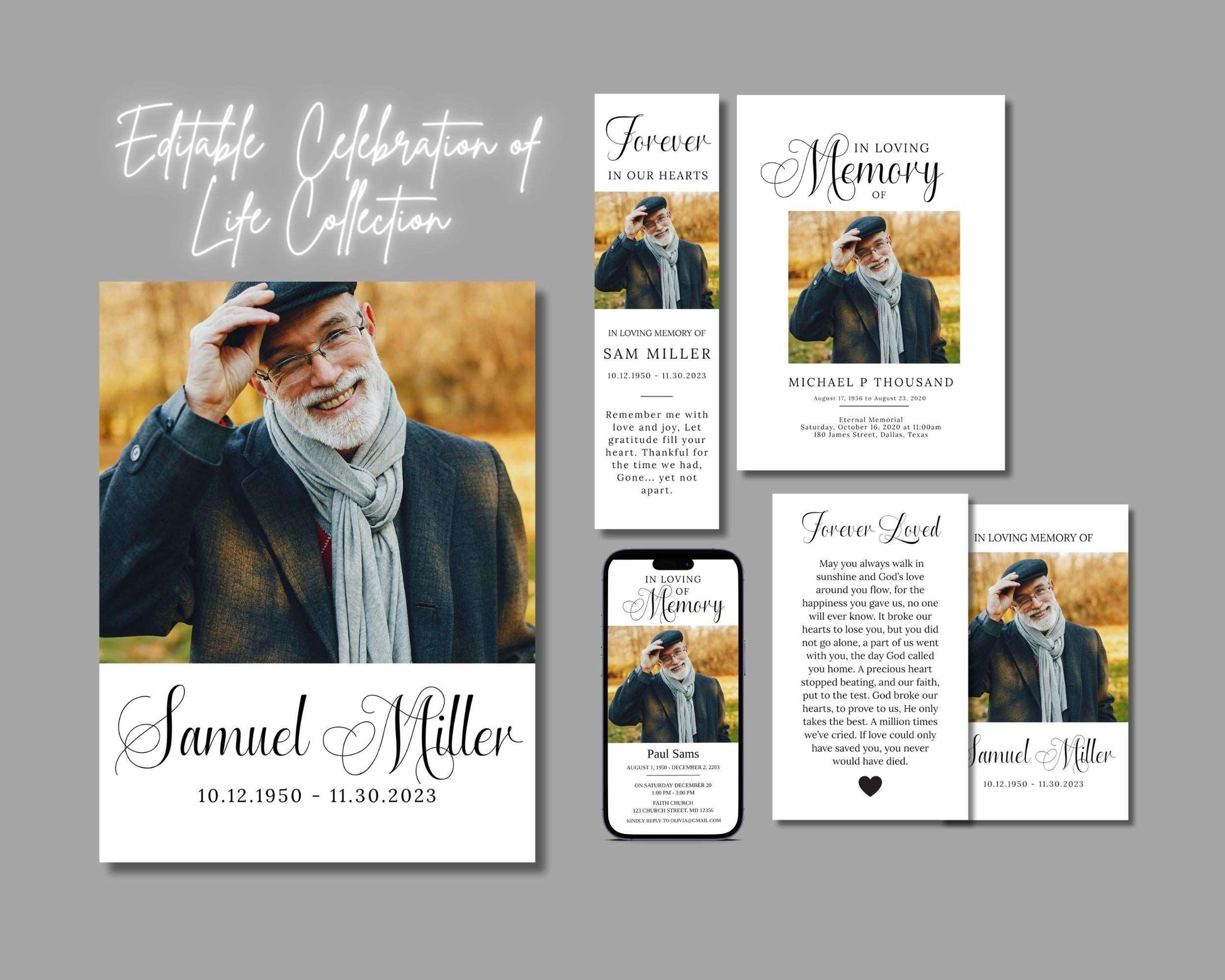 Funeral Program, Prayer Card, Easel Display, Memorial Bookmark & Phone Invitation Announcement Bundle - Digital Doc Inc