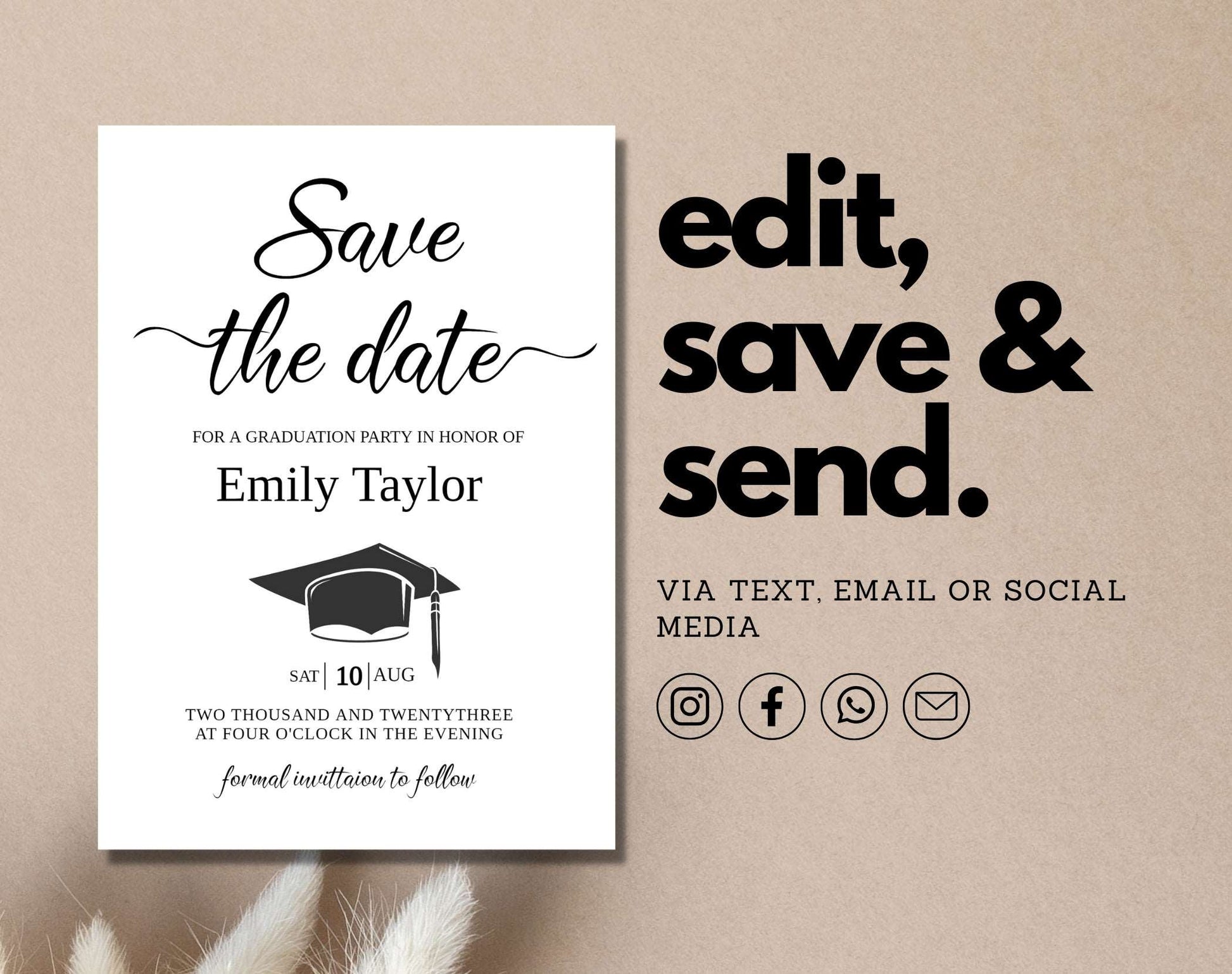 graduation save the date editable template share using text, email or print