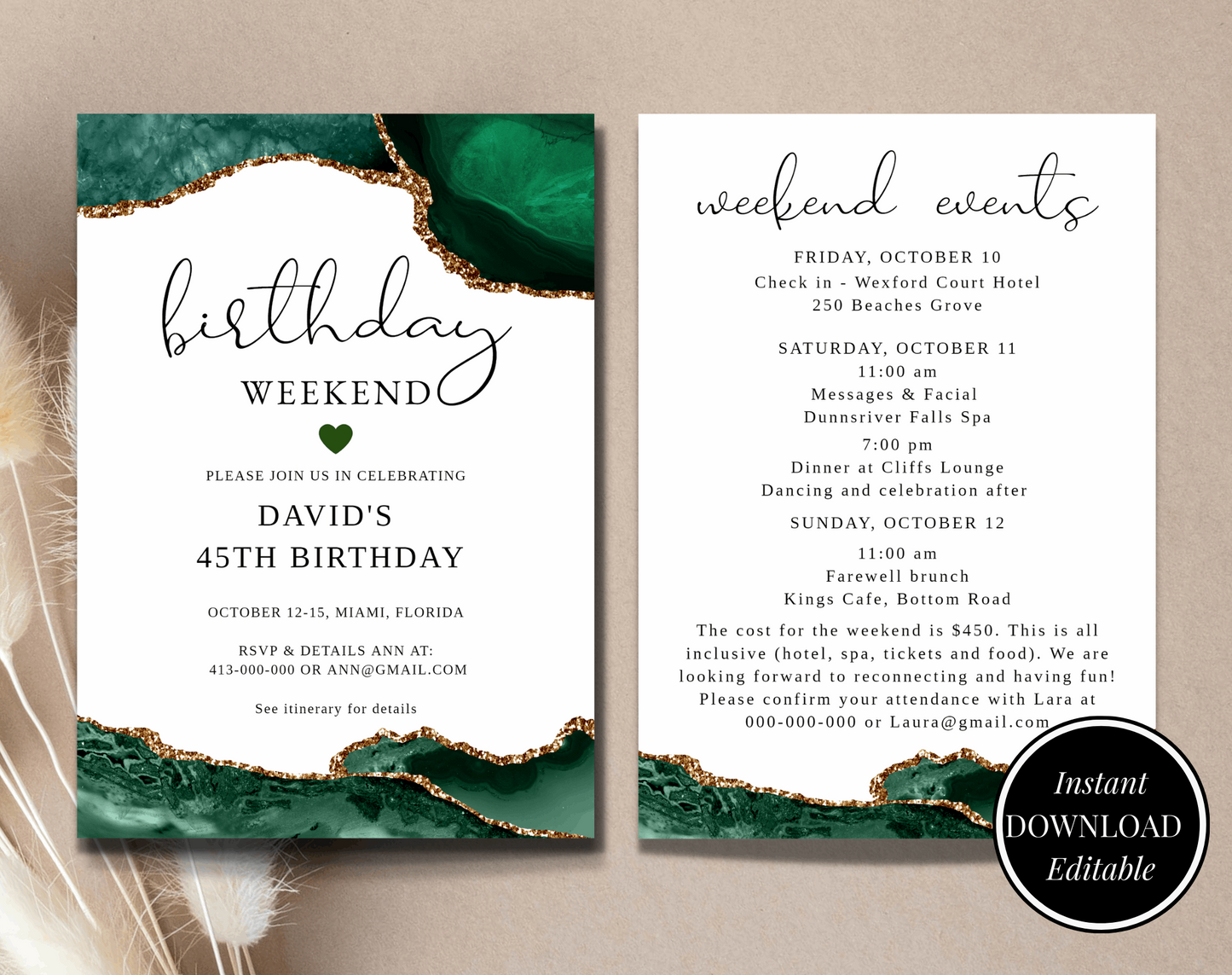 Birthday Weekend Itinerary Gold and Emerald Green - Digital Doc Inc