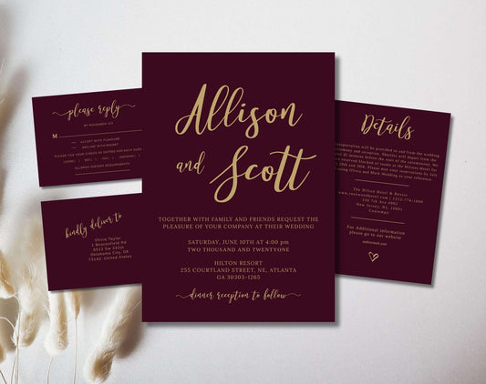 Burgundy Gold Wedding Invitation - Digital Doc Inc