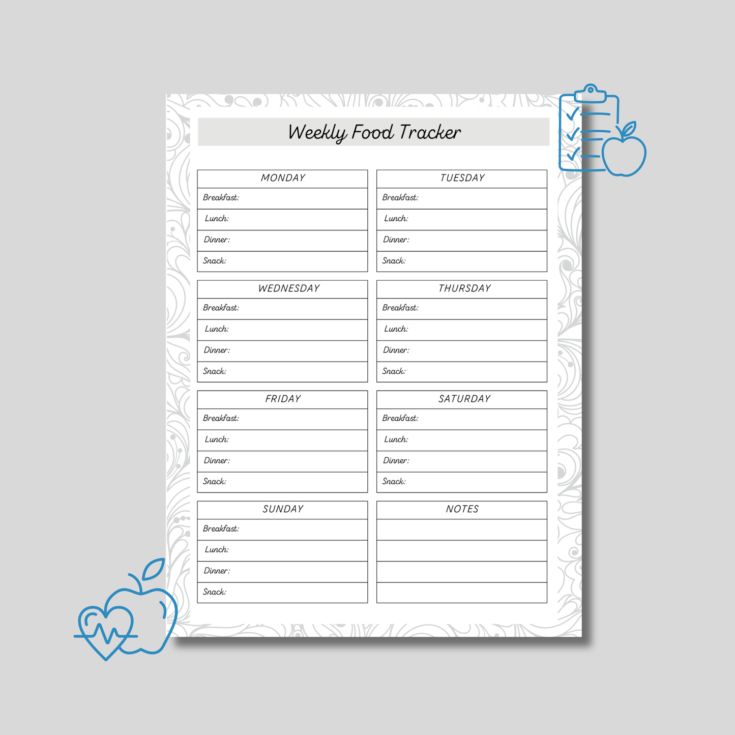 Food Tracker | Weekly & Monthly Meal Log | Printable PDF Planner Digital Download