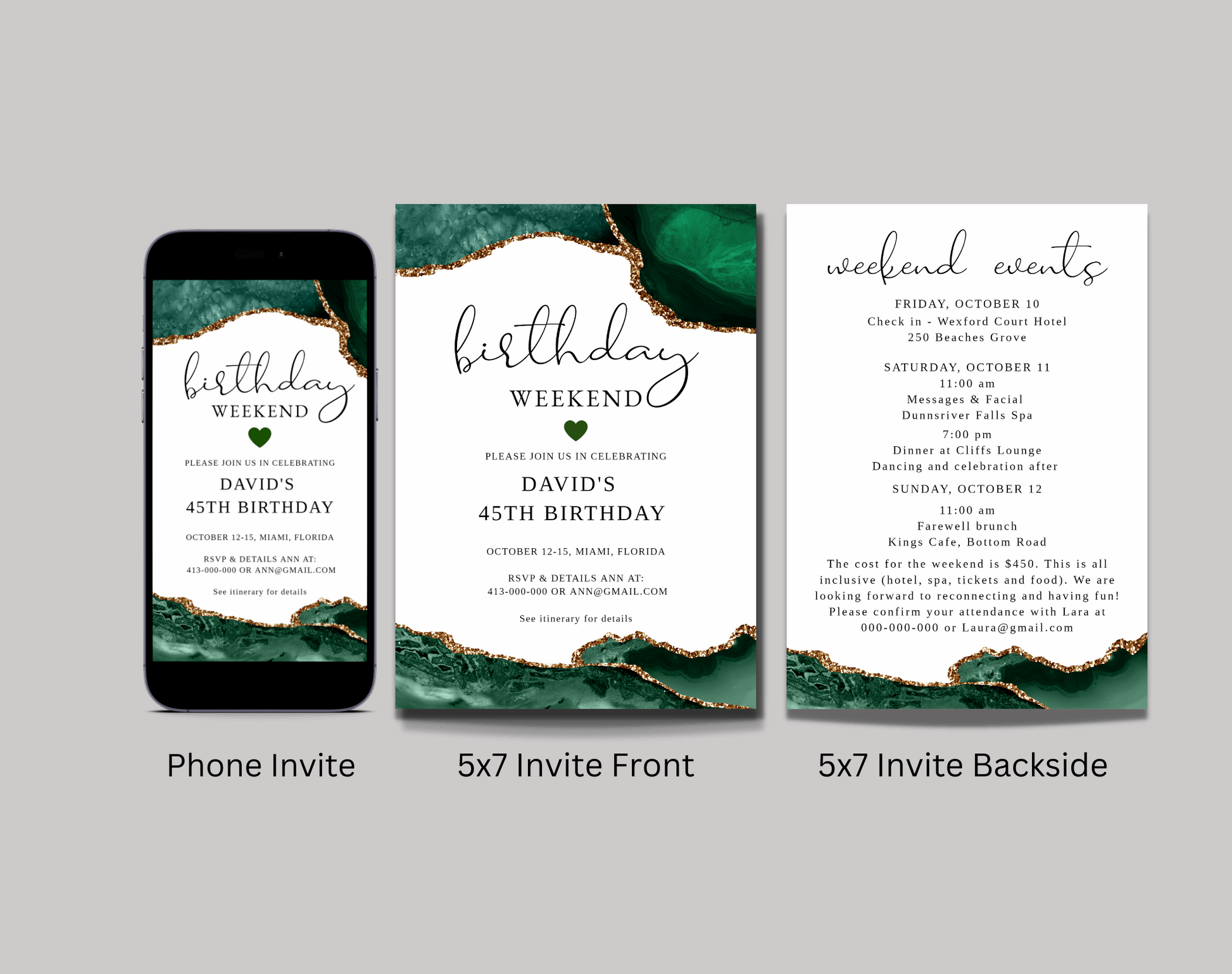 Birthday Weekend Itinerary Gold and Emerald Green - Digital Doc Inc