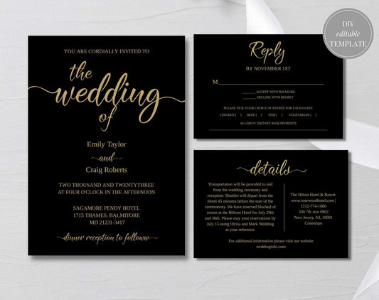 Black and Gold Wedding Invitation - Digital Doc Inc