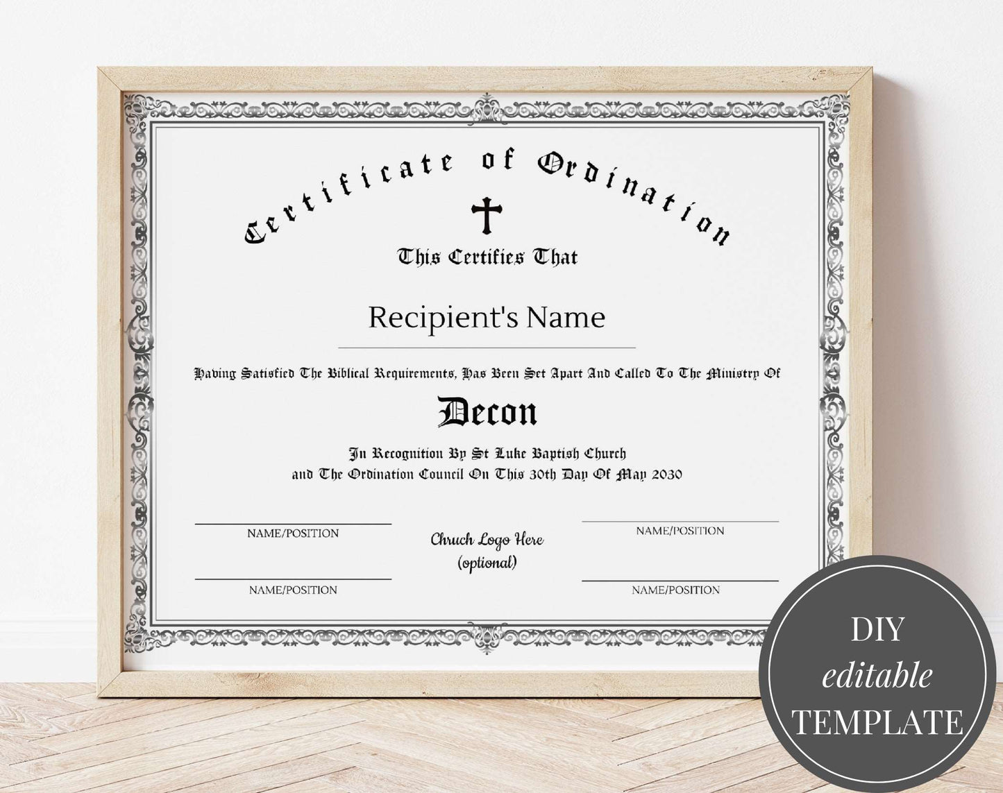 Editatable Printable Certificate of ordination template