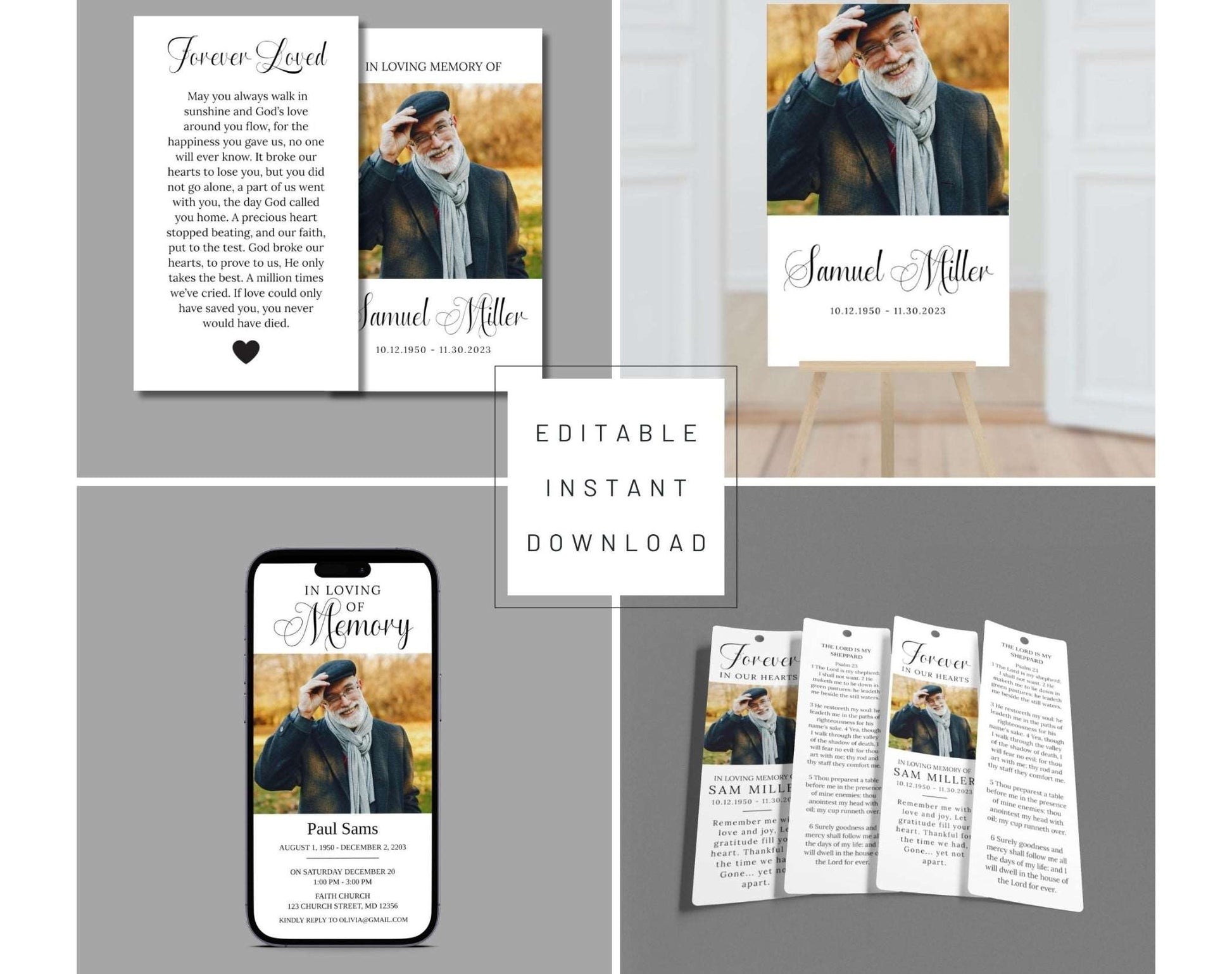 Funeral Program, Prayer Card, Easel Display, Memorial Bookmark & Phone Invitation Announcement Bundle - Digital Doc Inc