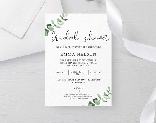 Eucalyptus Bridal Shower Invitation Template - Digital Doc Inc