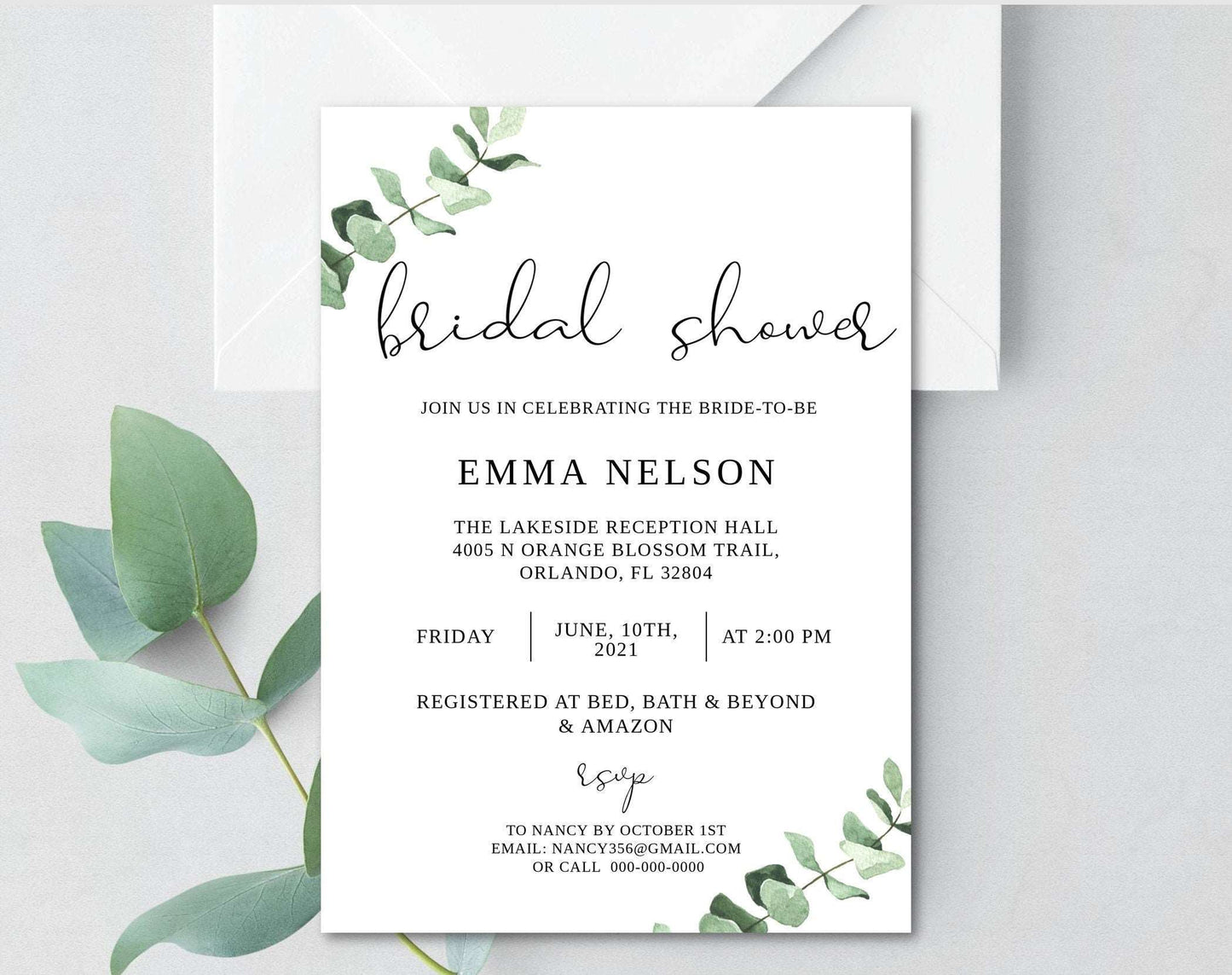 Eucalyptus Bridal Shower Invitation Template - Digital Doc Inc