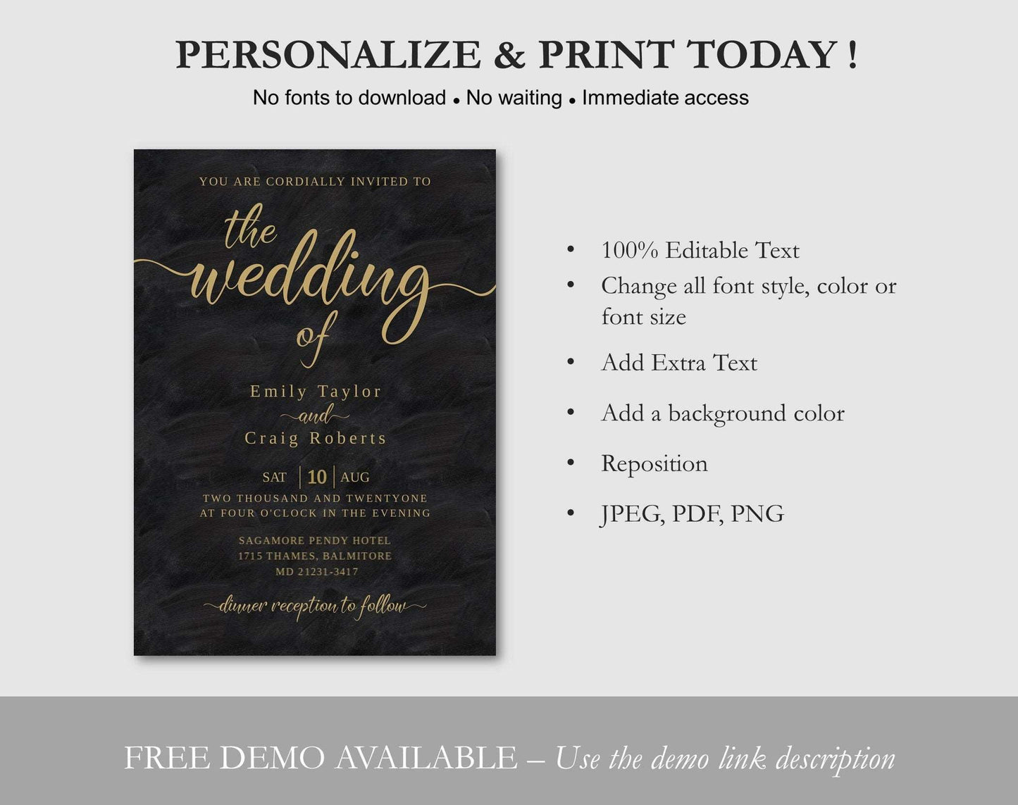 Black and Gold Wedding Invitation - Digital Doc Inc