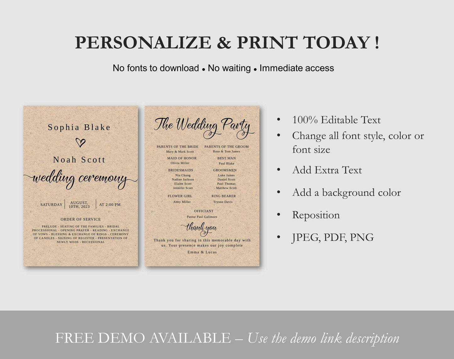 Printable Rustic Wedding Program Template - Digital Doc Inc