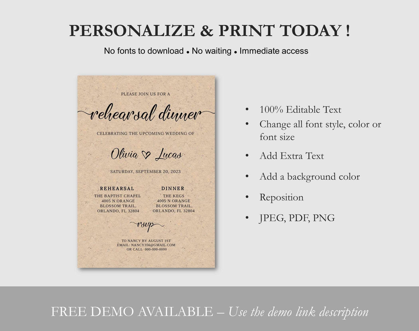 Rustic Rehearsal Dinner Invitation Template - Digital Doc Inc