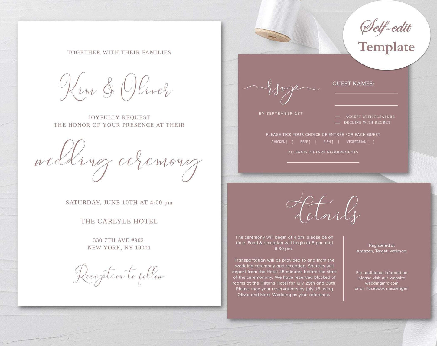 Elegant Dusty Rose Wedding Invitation Template - Digital Doc Inc