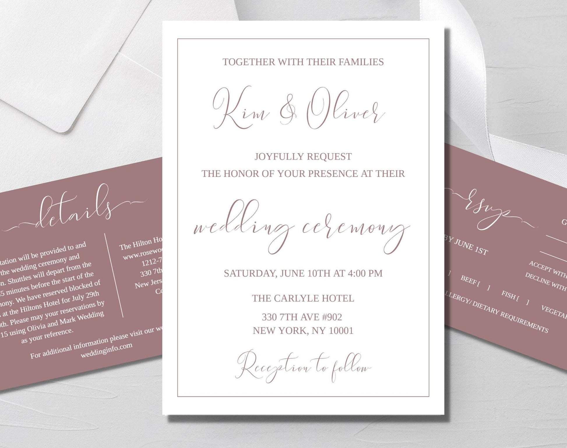 Elegant Dusty Rose Wedding Invitation Template - Digital Doc Inc