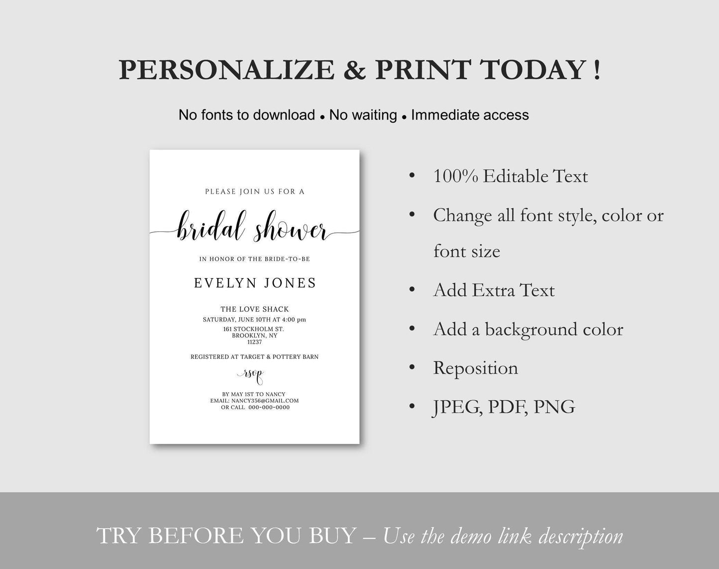 Minimalist Bridal Shower Invitation Template - Digital Doc Inc