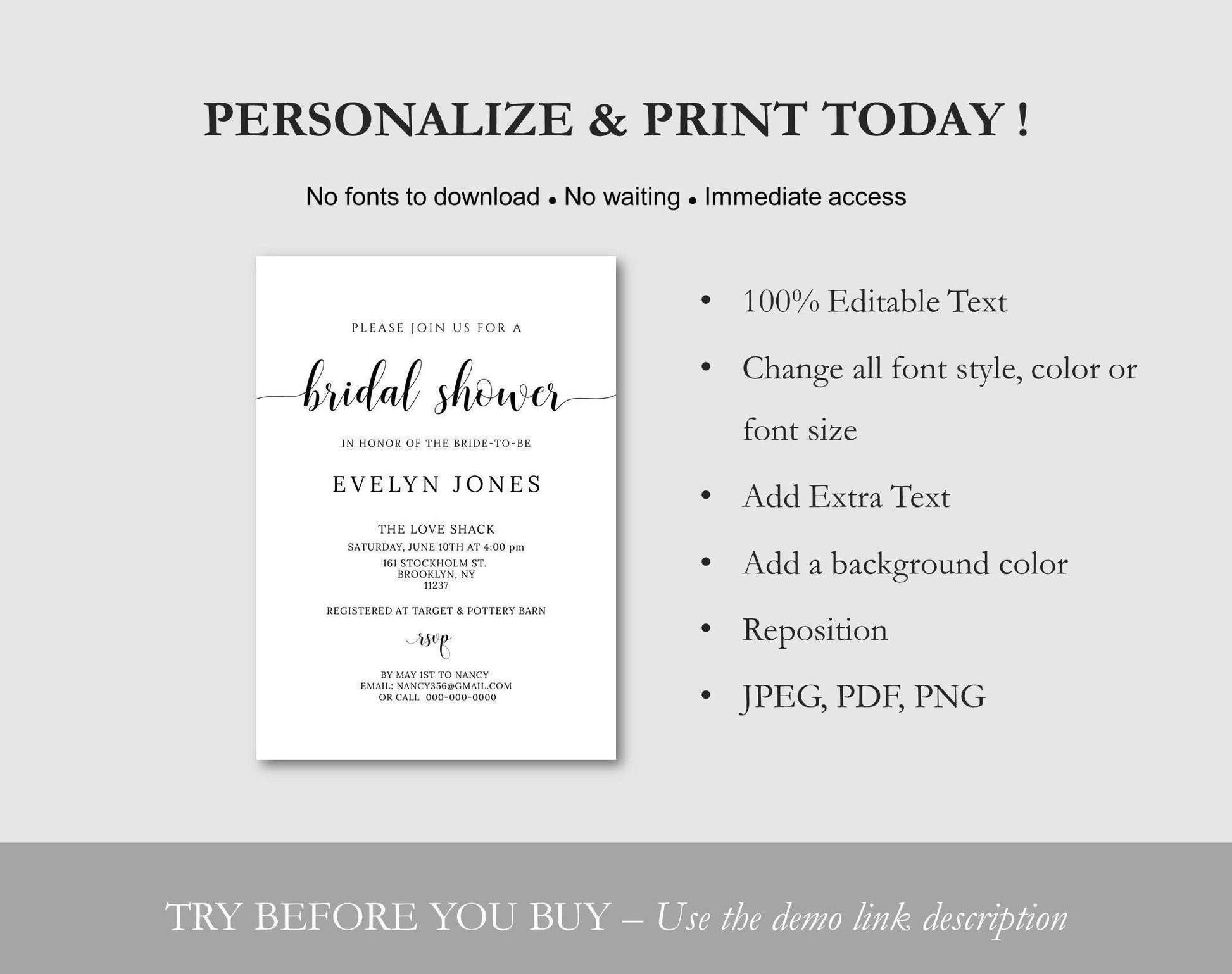 Minimalist Bridal Shower Invitation Template - Digital Doc Inc