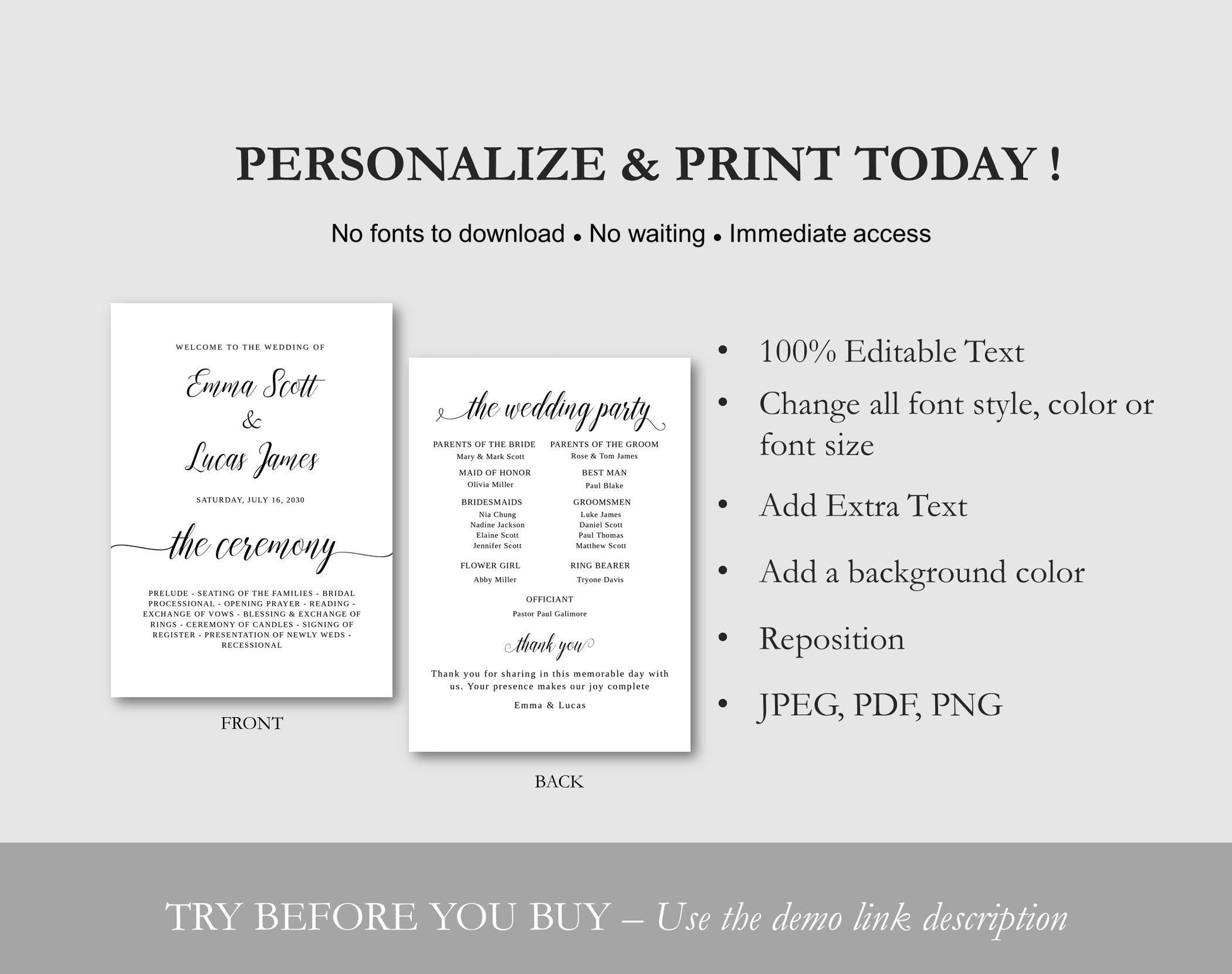 Wedding Program Template Printable - Digital Doc Inc