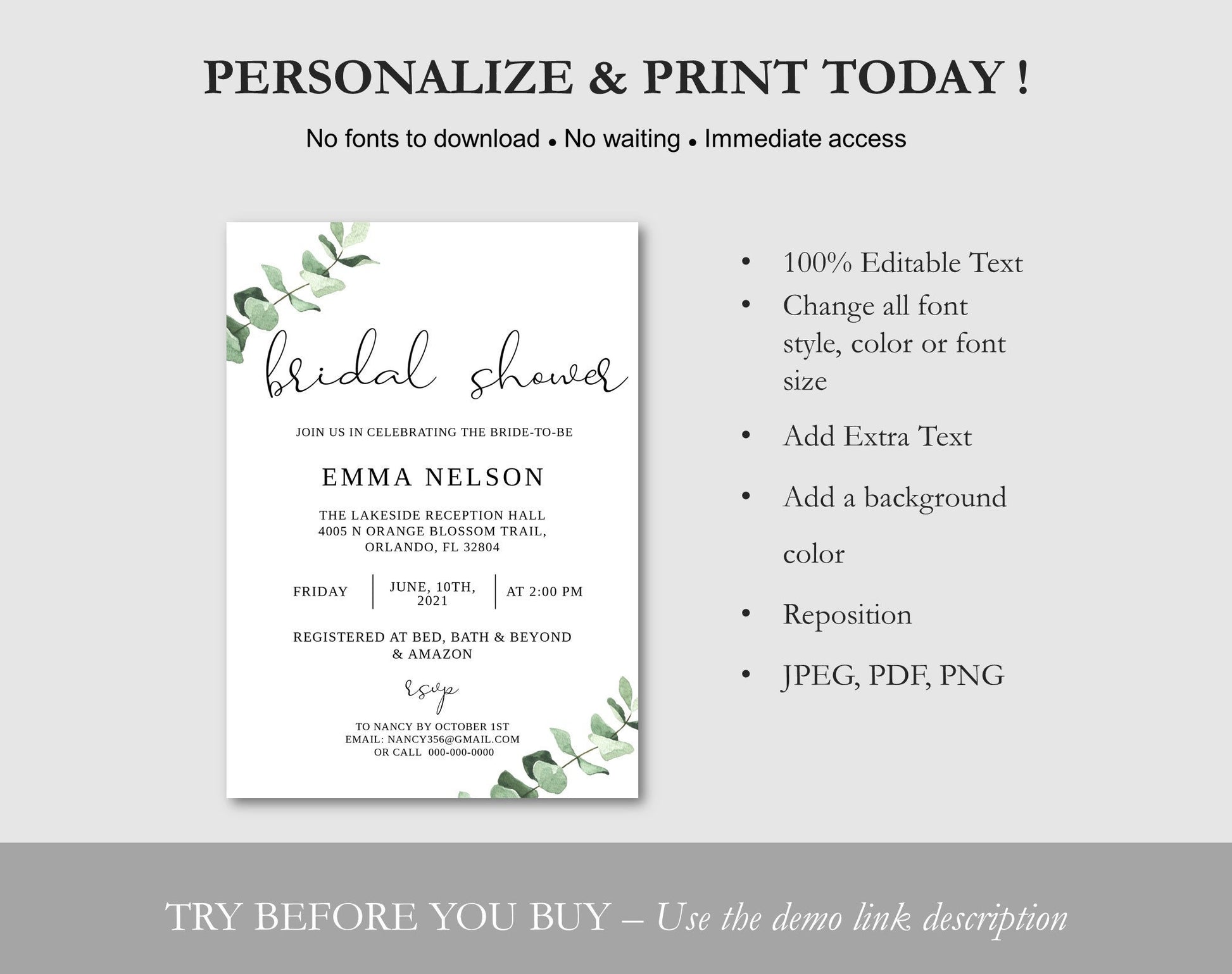 Eucalyptus Bridal Shower Invitation Template - Digital Doc Inc