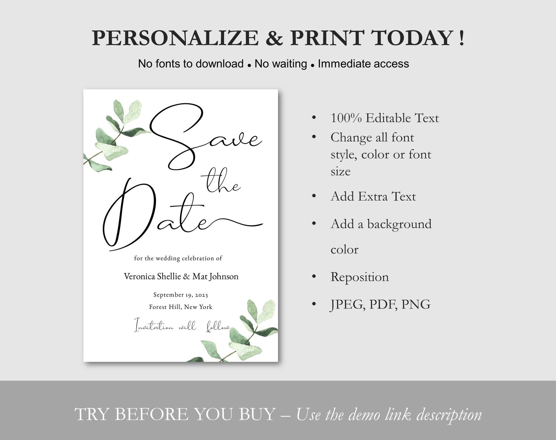 Eucalyptus Save the Date Digital Download - Digital Doc Inc