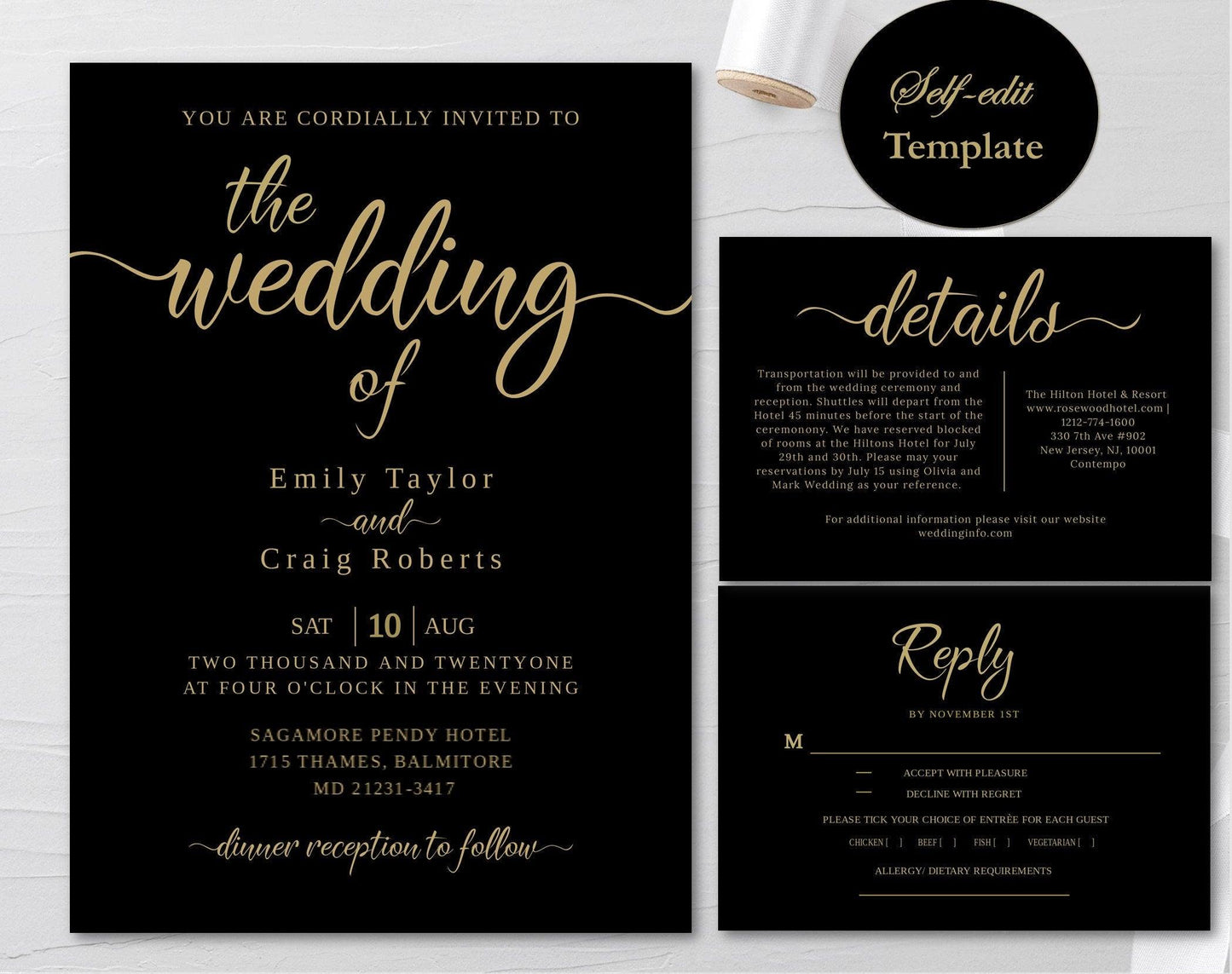 Elegant Black and Gold Wedding Stationery Bundle - Digital Doc Inc