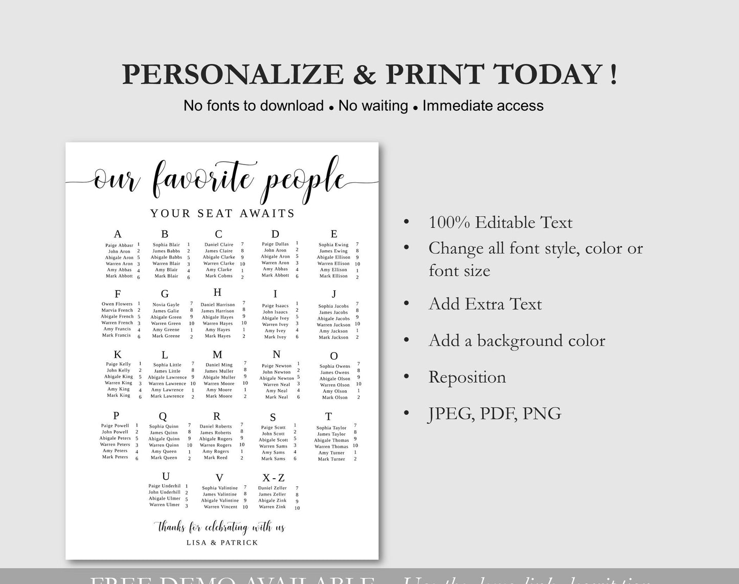 Alphabetical Seating Chart Template