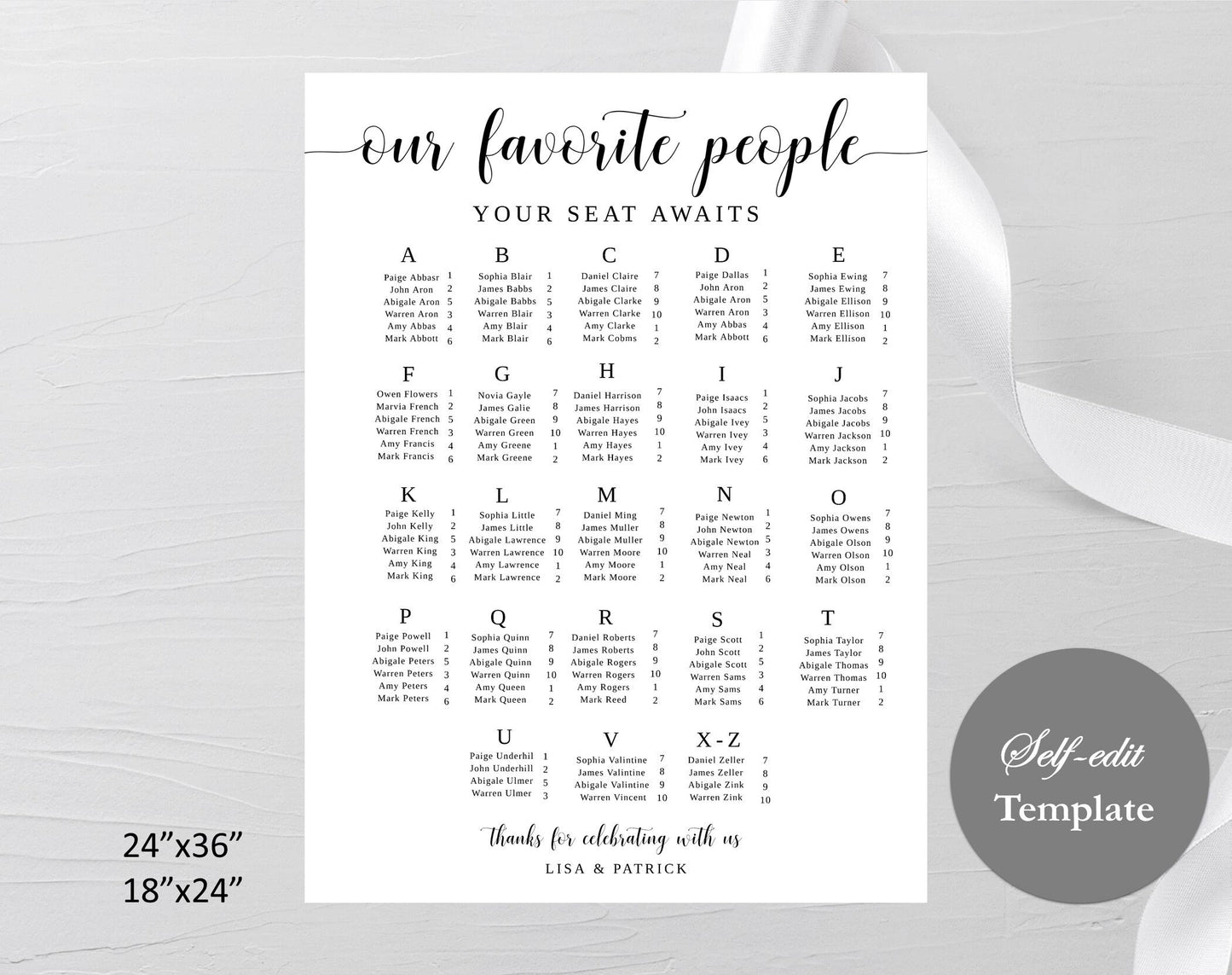 Alphabetical Seating Chart Template
